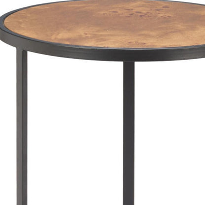 25" Brown and Black Wood and Iron Round Pedestal End Table HomeRoots