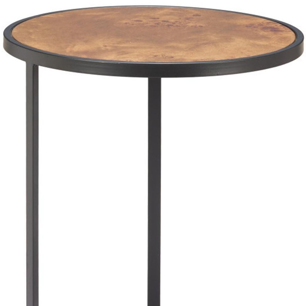 25" Brown and Black Wood and Iron Round Pedestal End Table HomeRoots