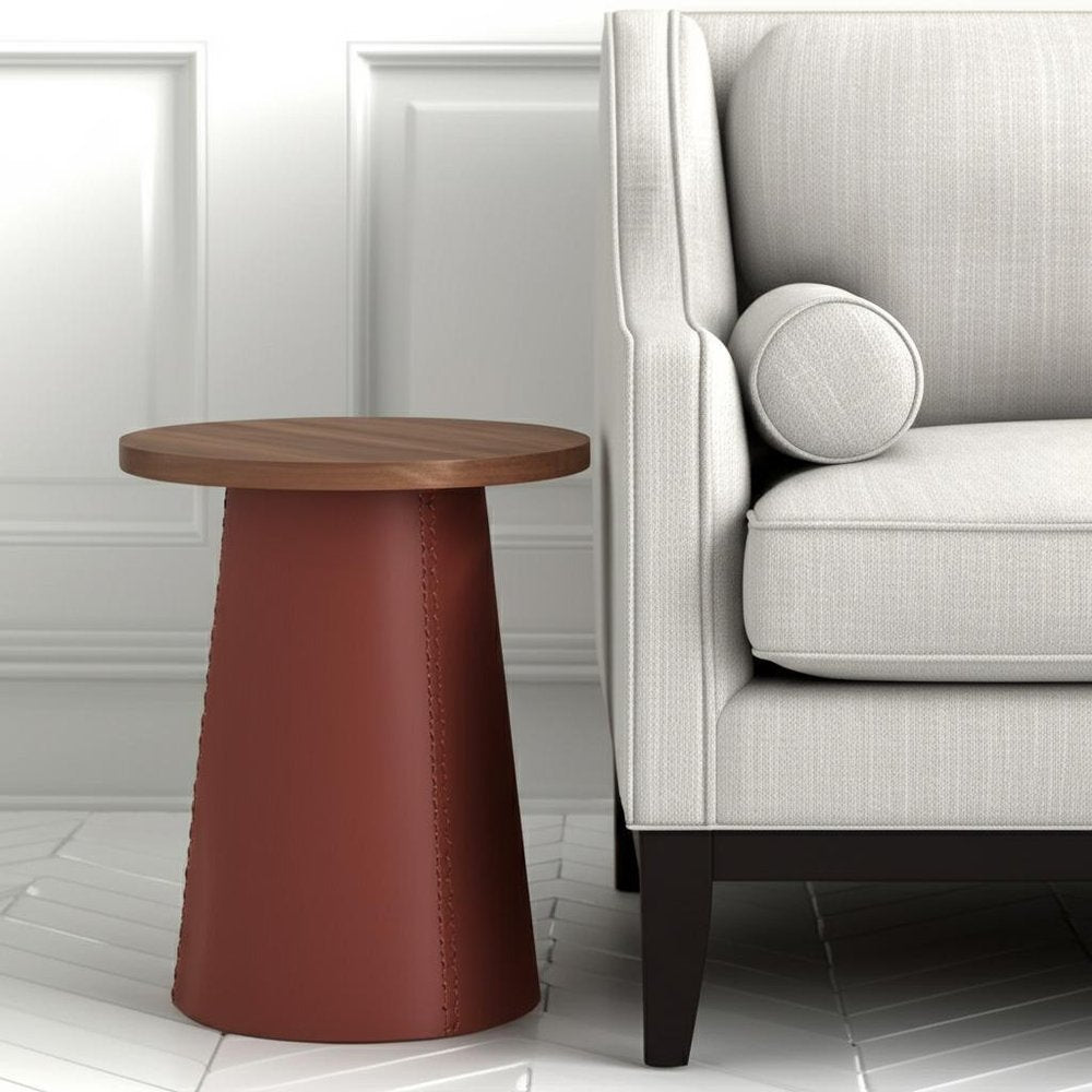 23" Brown Wood and Faux Leather Round Pedestal End Table HomeRoots