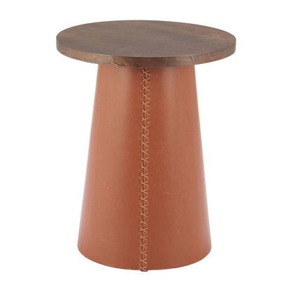 23" Brown Wood and Faux Leather Round Pedestal End Table HomeRoots