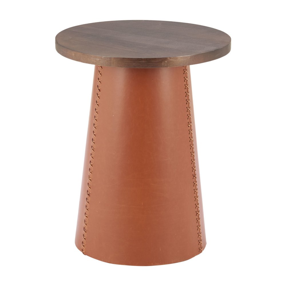 23" Brown Wood and Faux Leather Round Pedestal End Table HomeRoots
