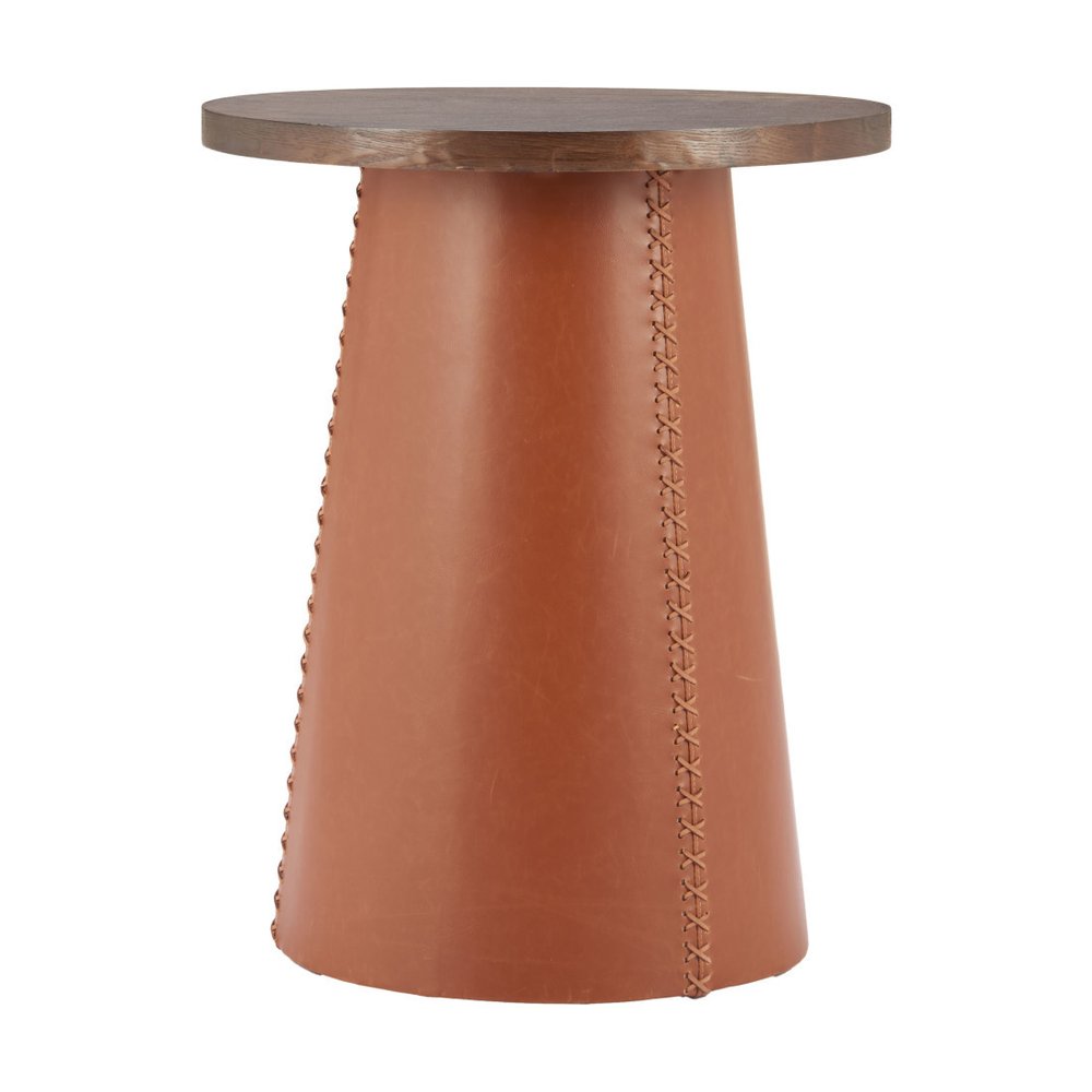 23" Brown Wood and Faux Leather Round Pedestal End Table HomeRoots