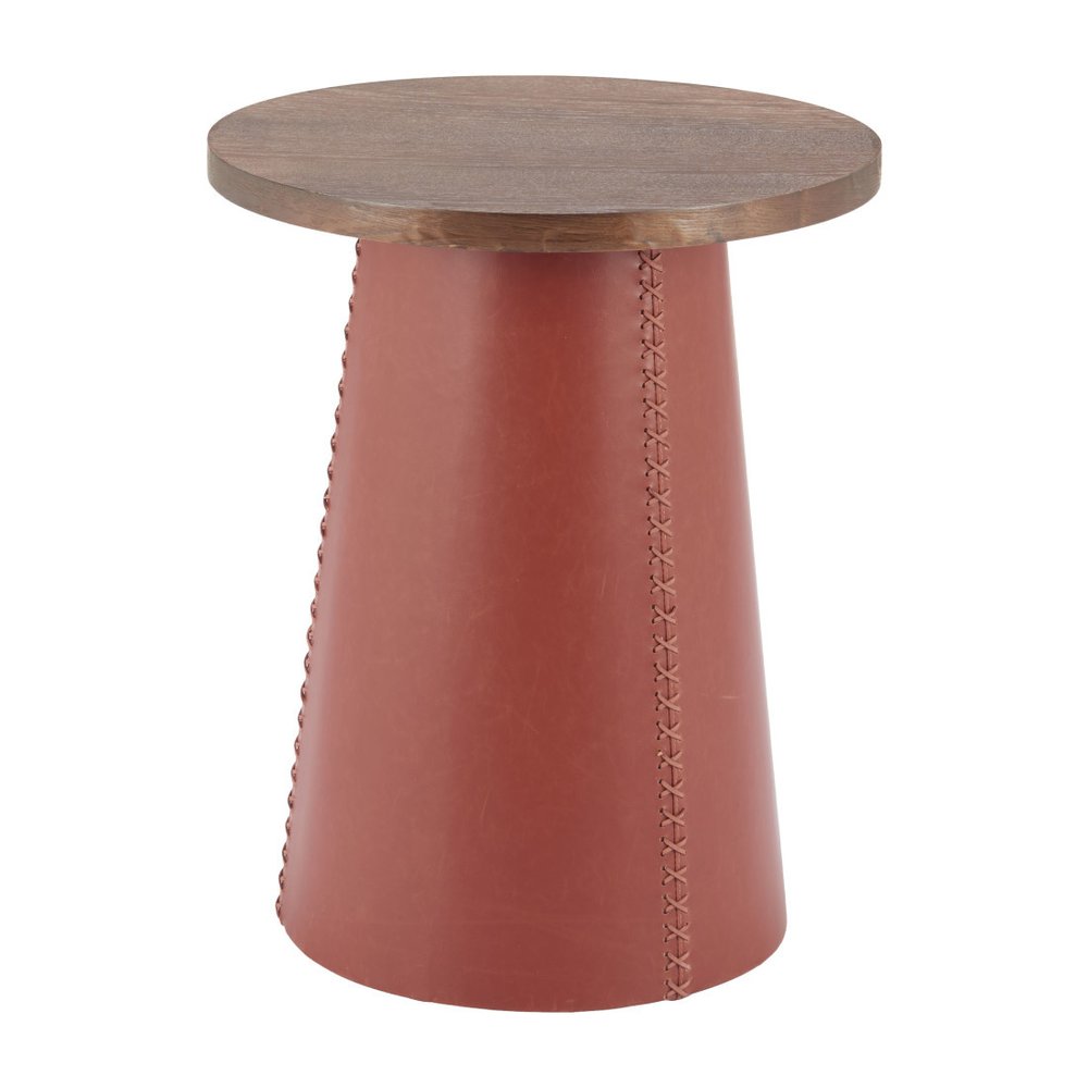 23" Brown Wood and Faux Leather Round Pedestal End Table HomeRoots