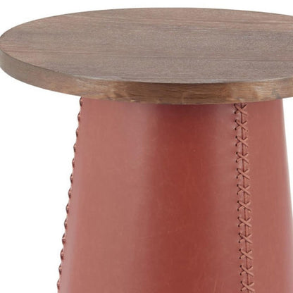 23" Brown Wood and Faux Leather Round Pedestal End Table HomeRoots