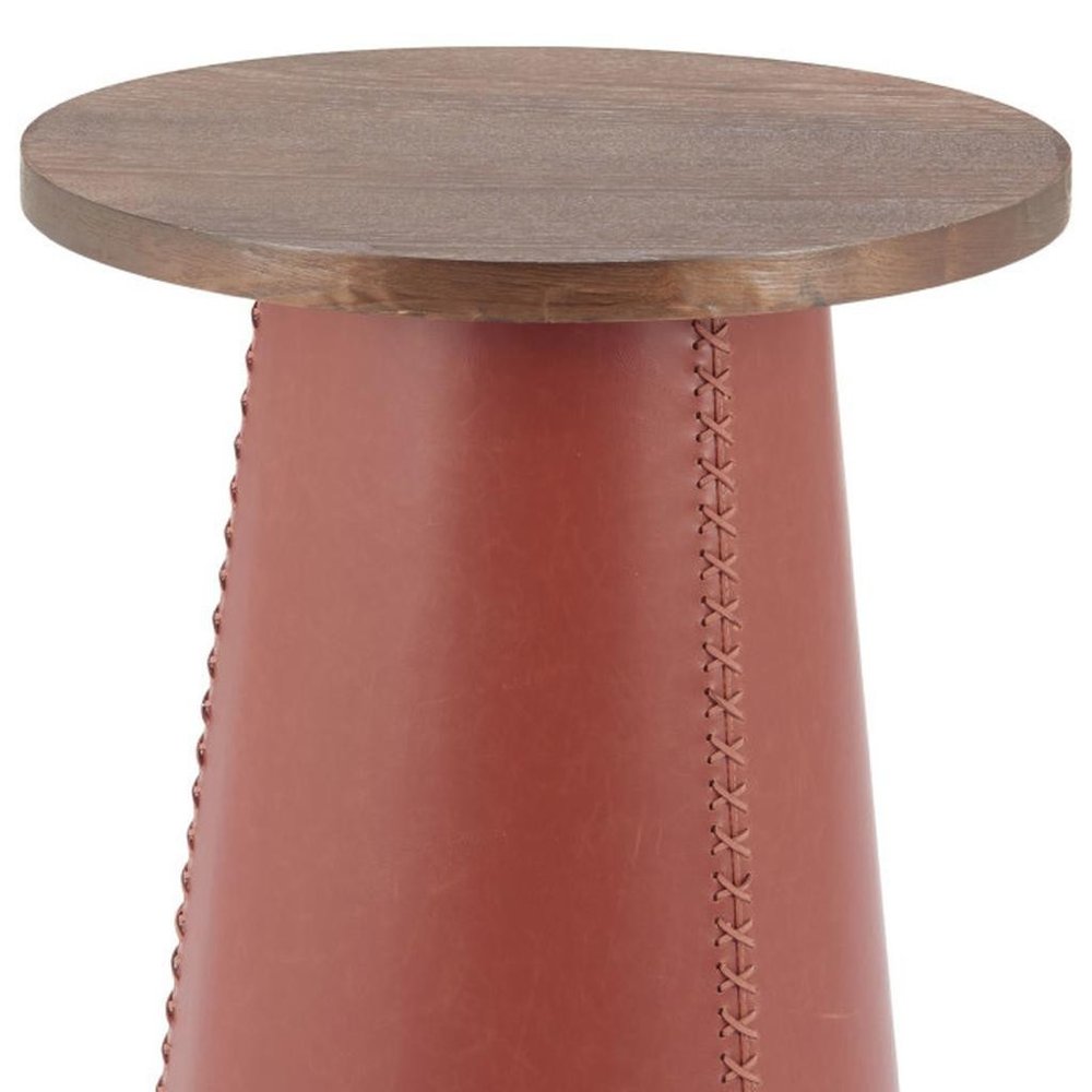 23" Brown Wood and Faux Leather Round Pedestal End Table HomeRoots