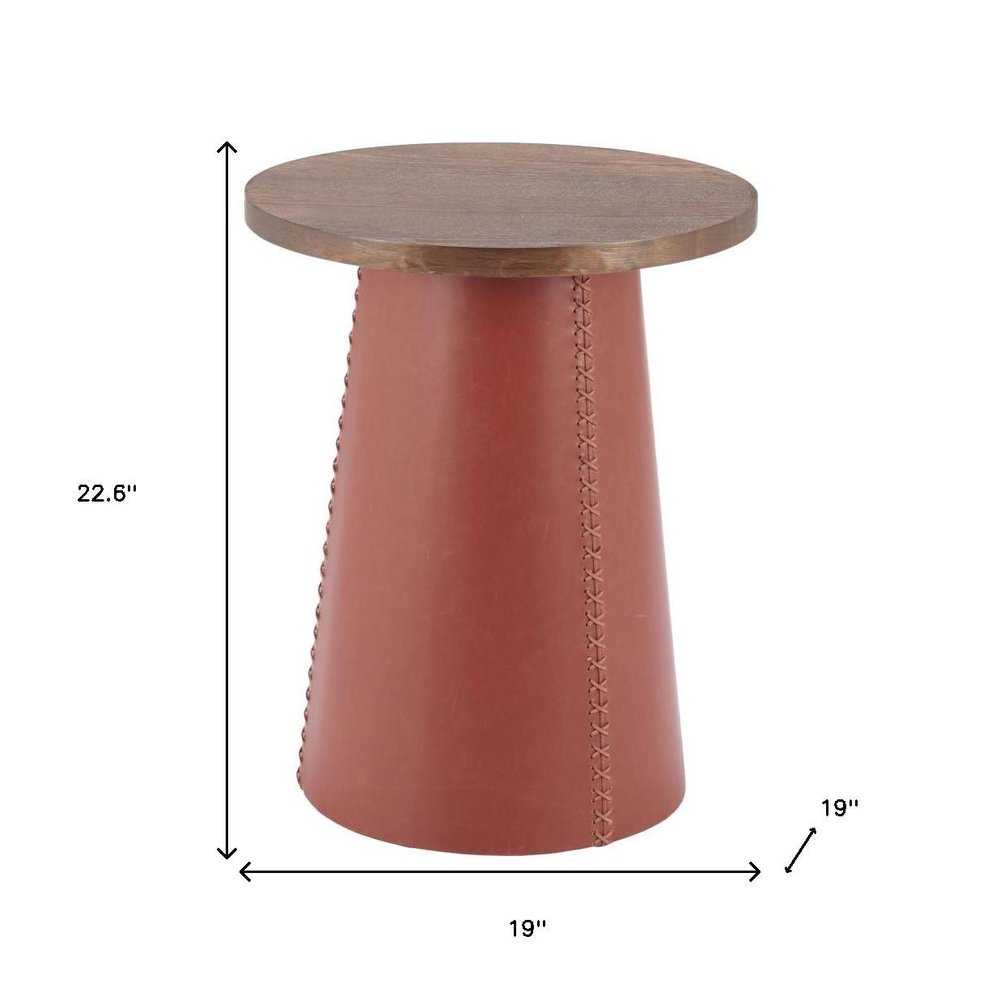 23" Brown Wood and Faux Leather Round Pedestal End Table HomeRoots