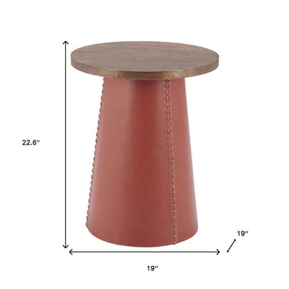 23" Brown Wood and Faux Leather Round Pedestal End Table HomeRoots