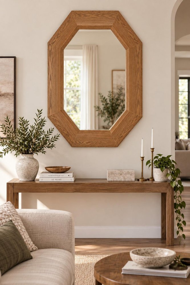 53" Natural Solid Wood Octagon Framed Accent Mirror — view 7