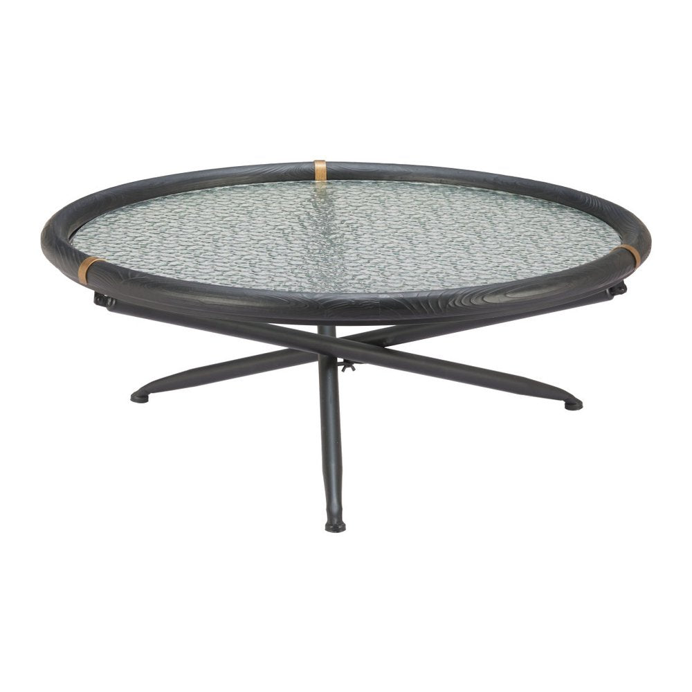 40" Black Glass Solid Wood and Steel Round Cross Legs Coffee Table HomeRoots