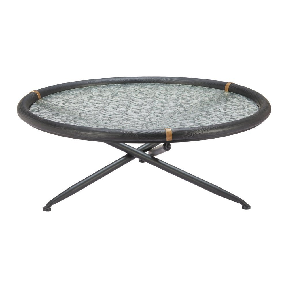 40" Black Glass Solid Wood and Steel Round Cross Legs Coffee Table HomeRoots