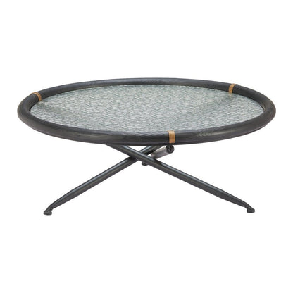 40" Black Glass Solid Wood and Steel Round Cross Legs Coffee Table HomeRoots