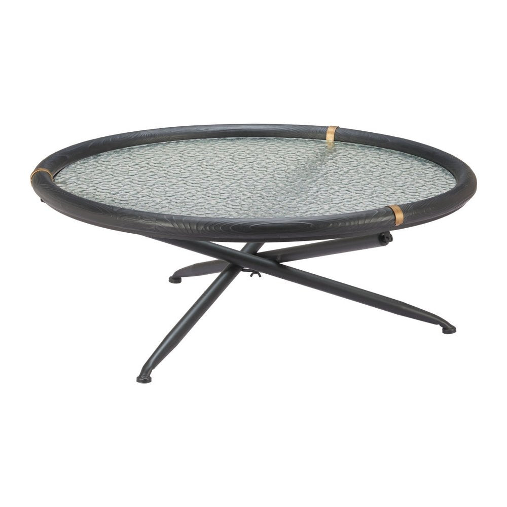 40" Black Glass Solid Wood and Steel Round Cross Legs Coffee Table HomeRoots