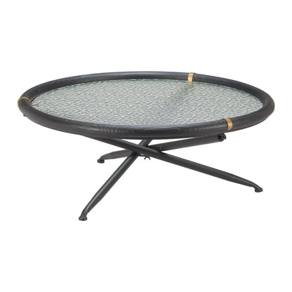 40" Black Glass Solid Wood and Steel Round Cross Legs Coffee Table HomeRoots