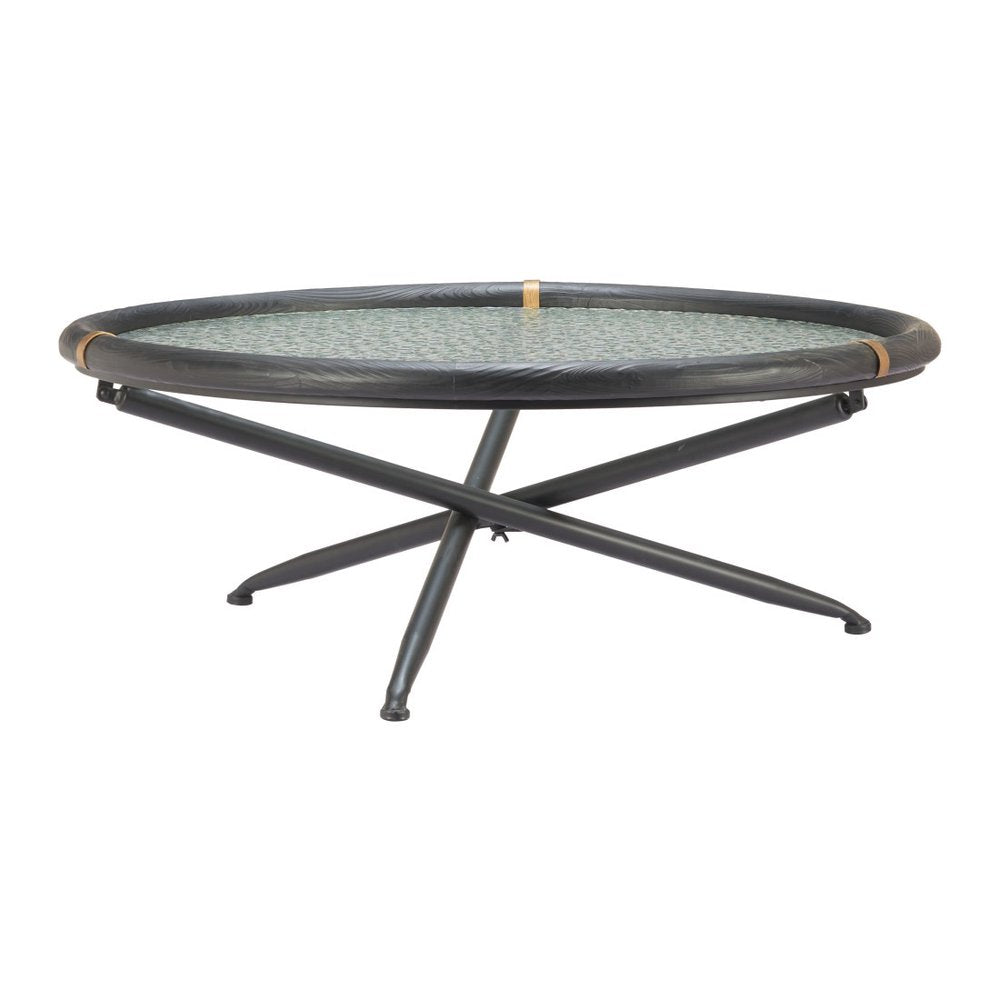 40" Black Glass Solid Wood and Steel Round Cross Legs Coffee Table HomeRoots