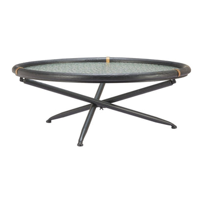 40" Black Glass Solid Wood and Steel Round Cross Legs Coffee Table HomeRoots