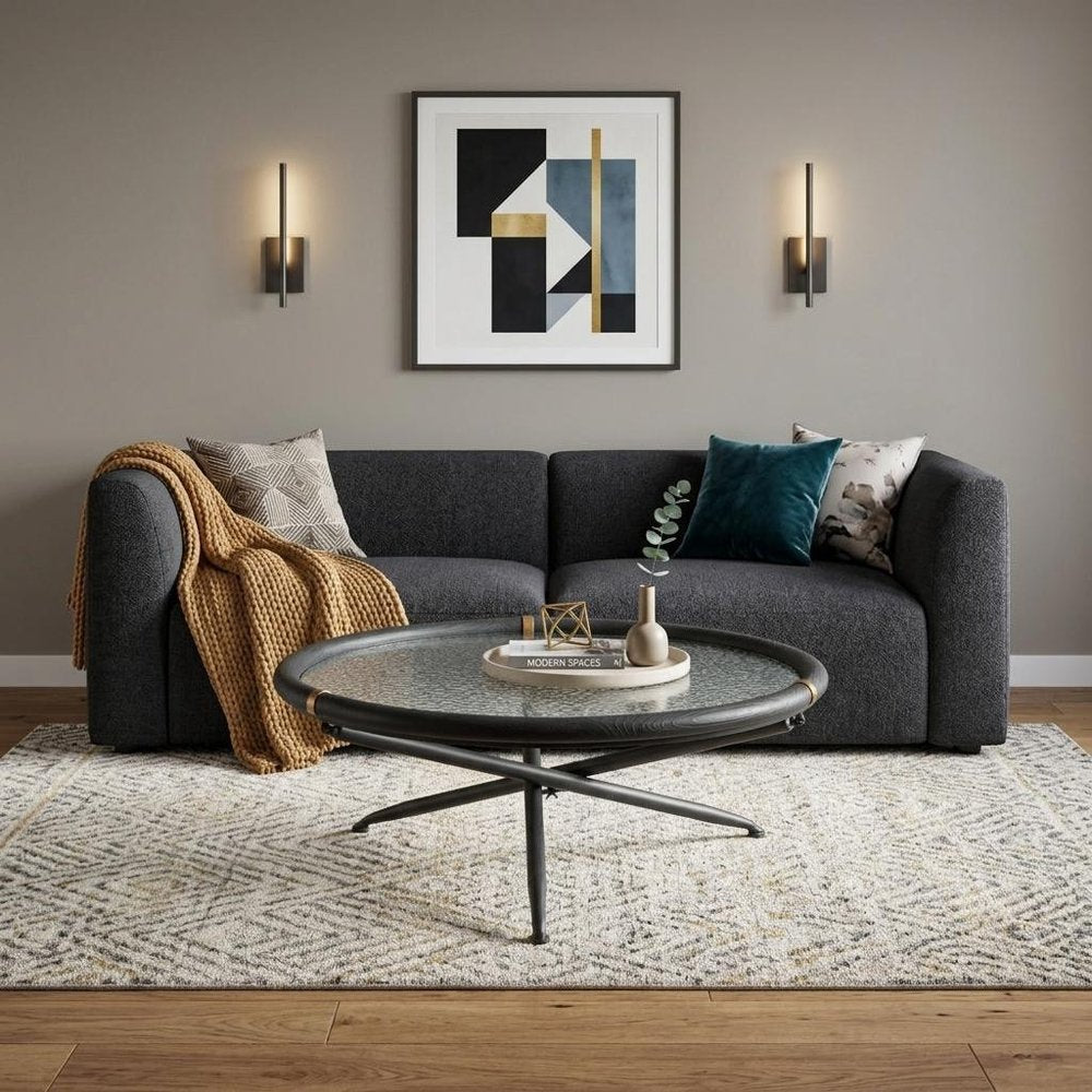 40" Black Glass Solid Wood and Steel Round Cross Legs Coffee Table HomeRoots