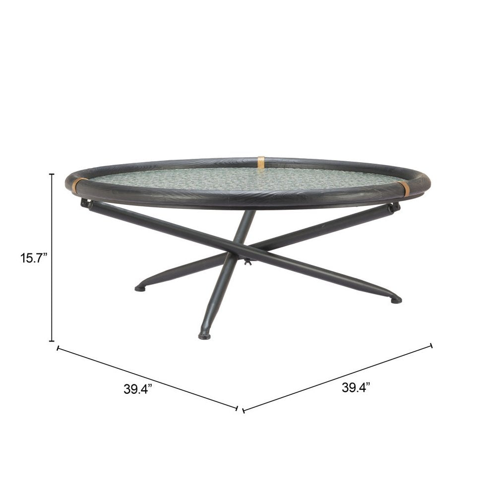 40" Black Glass and Solid Wood Round Sled Coffee Table HomeRoots