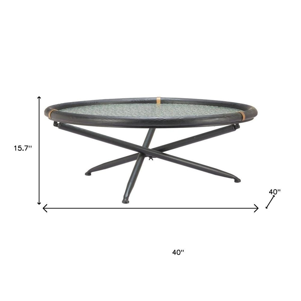 40" Black Glass Solid Wood and Steel Round Cross Legs Coffee Table HomeRoots