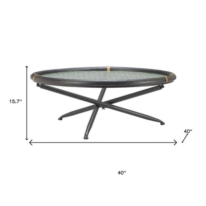 40" Black Glass Solid Wood and Steel Round Cross Legs Coffee Table HomeRoots