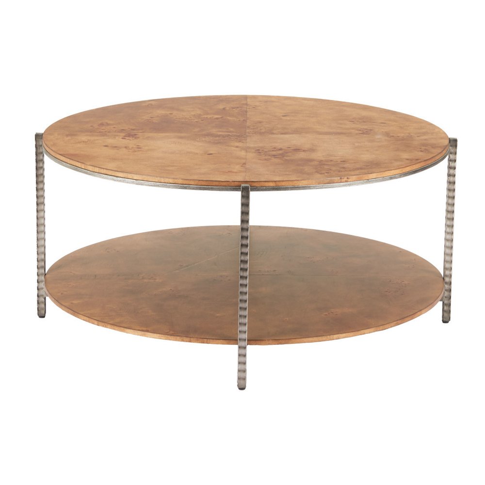 39" Brown Wood and Steel Round Coffee Table — view 4