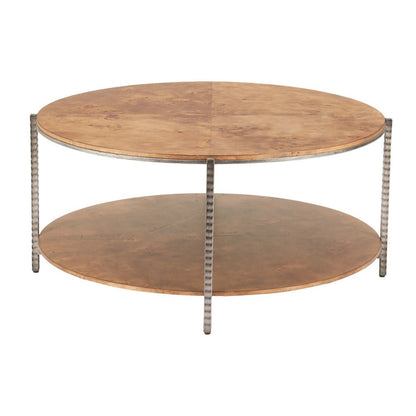 39" Brown Wood and Steel Round Coffee Table HomeRoots