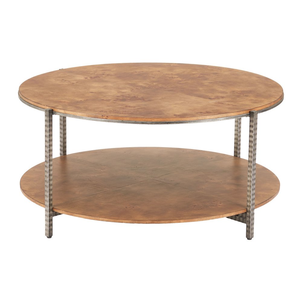 39" Brown Wood and Steel Round Coffee Table — view 5
