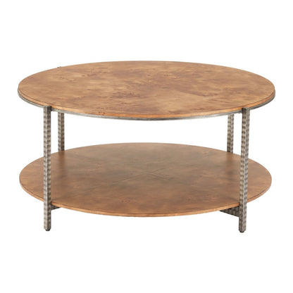 39" Brown Wood and Steel Round Coffee Table