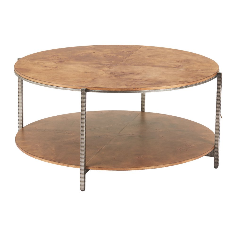39" Brown Wood and Steel Round Coffee Table — view 6