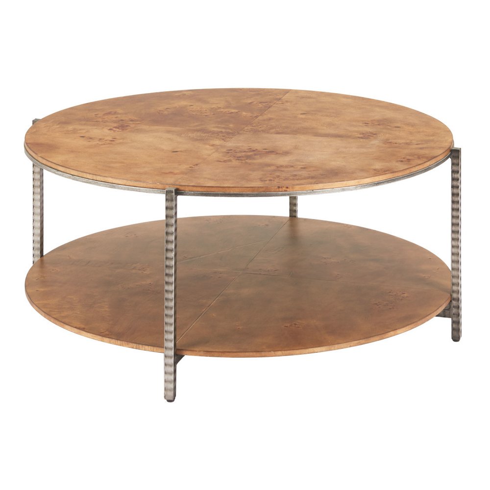 39" Brown Wood and Steel Round Coffee Table — view 7
