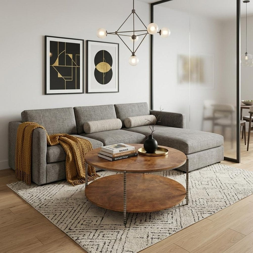 39" Brown Wood and Steel Round Coffee Table