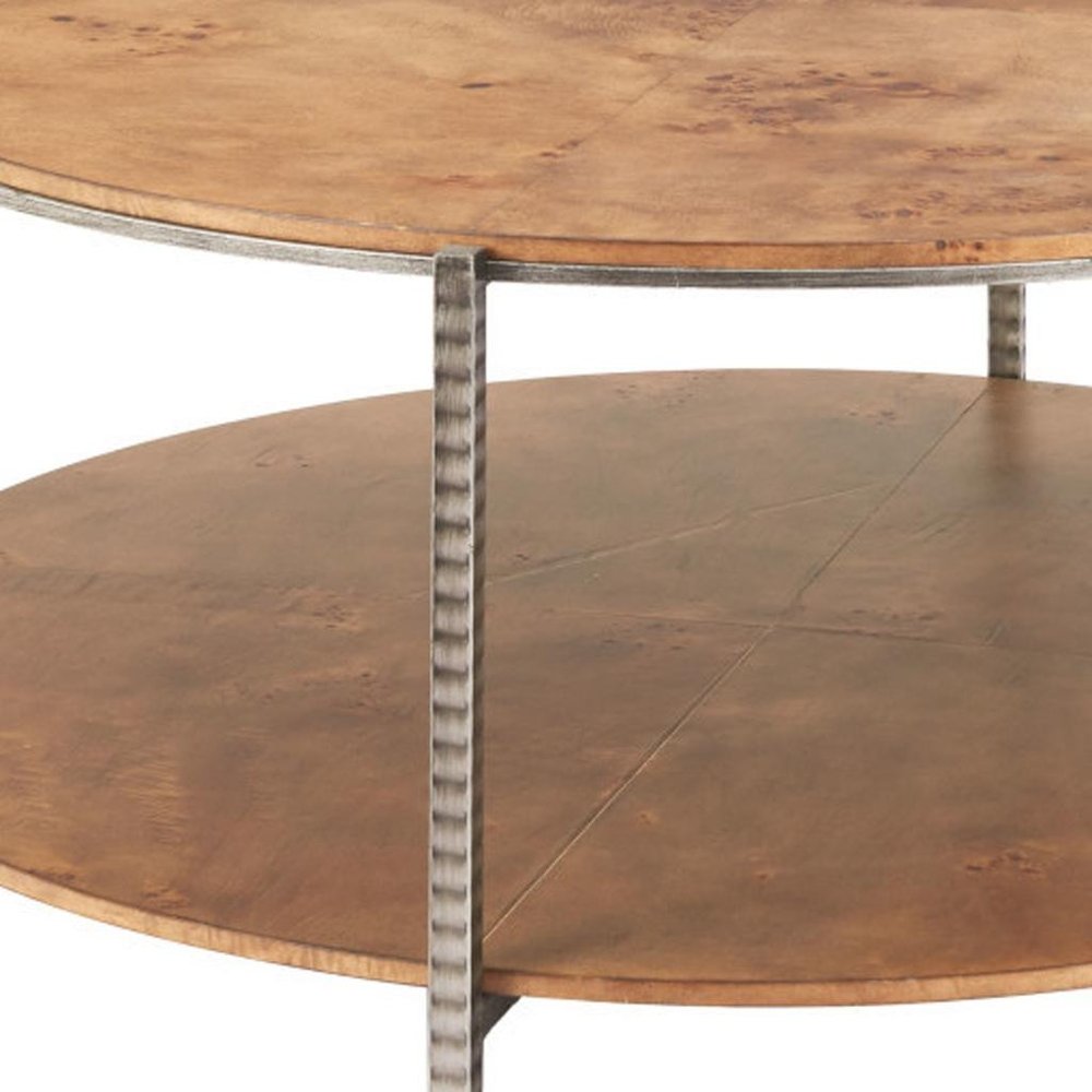 39" Brown Wood and Steel Round Coffee Table