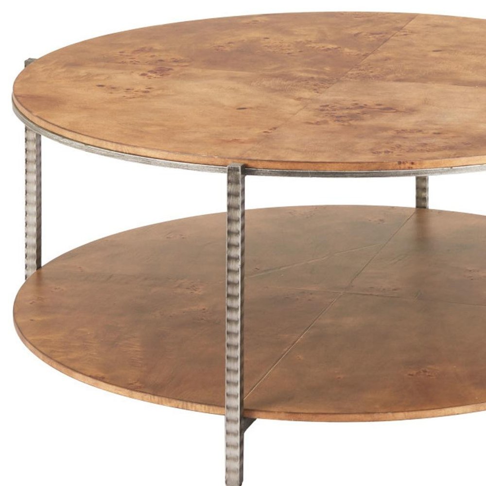 39" Brown Wood and Steel Round Coffee Table — view 2