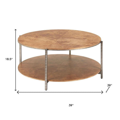39" Brown Wood and Steel Round Coffee Table