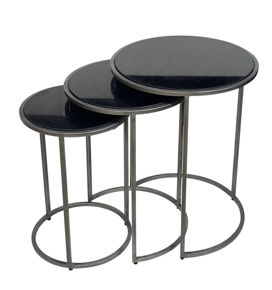 Set of Three Black and Gray Marble and Iron Round Frame Nested Tables HomeRoots