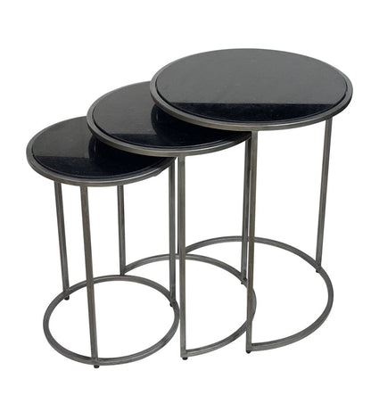 Set of Three Black and Gray Marble and Iron Round Frame Nested Tables HomeRoots