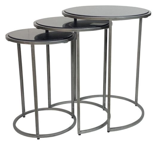 Set of Three Black and Gray Marble and Iron Round Frame Nested Tables HomeRoots