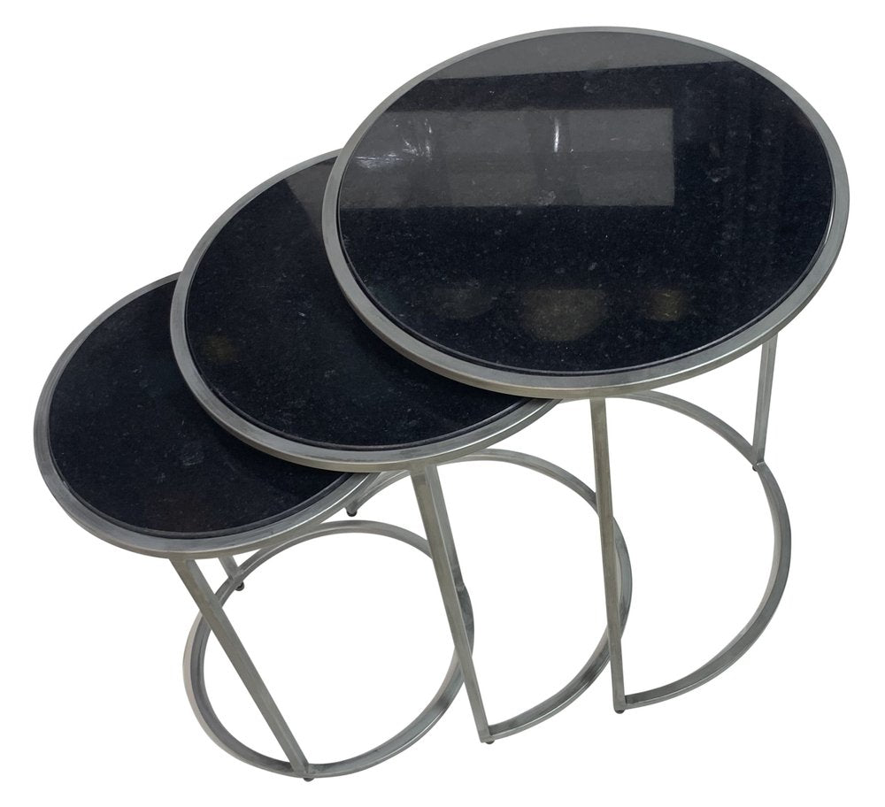 Set of Three Black and Gray Marble and Iron Round Frame Nested Tables HomeRoots