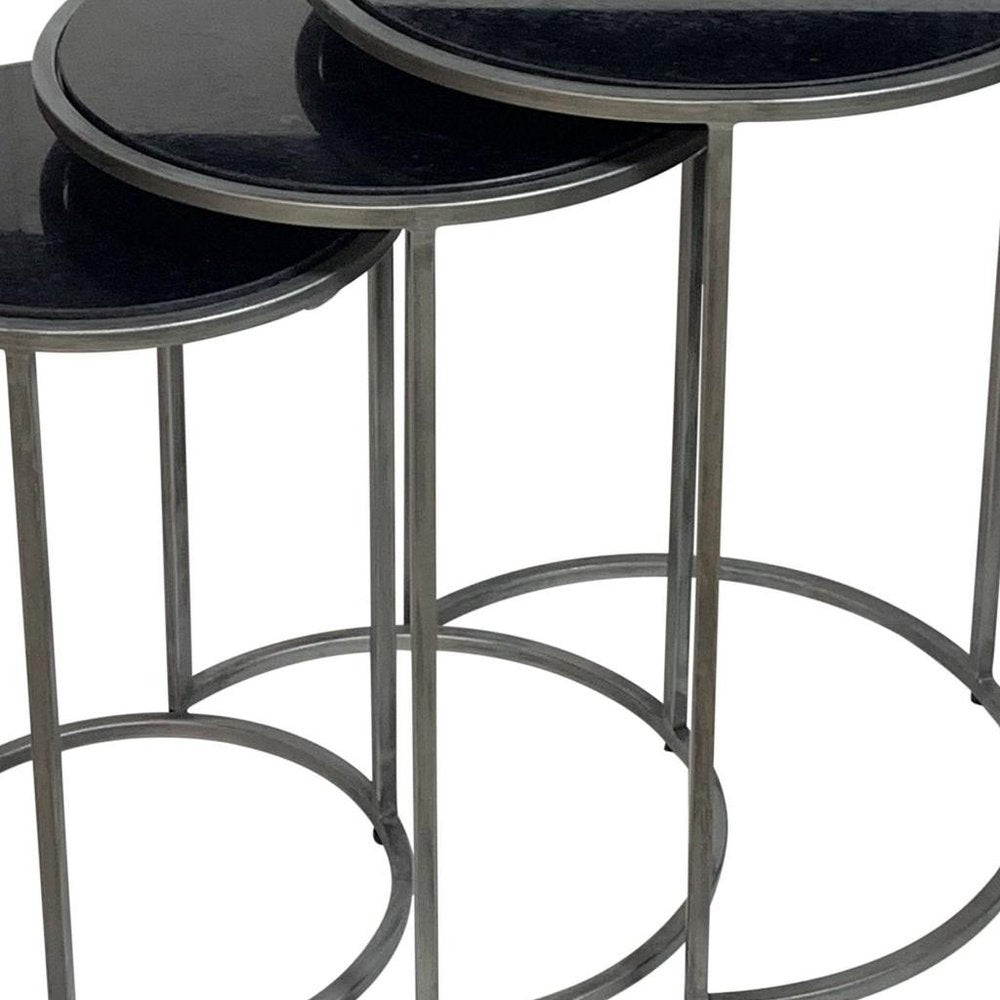 Set of Three Black and Gray Marble and Iron Round Frame Nested Tables HomeRoots