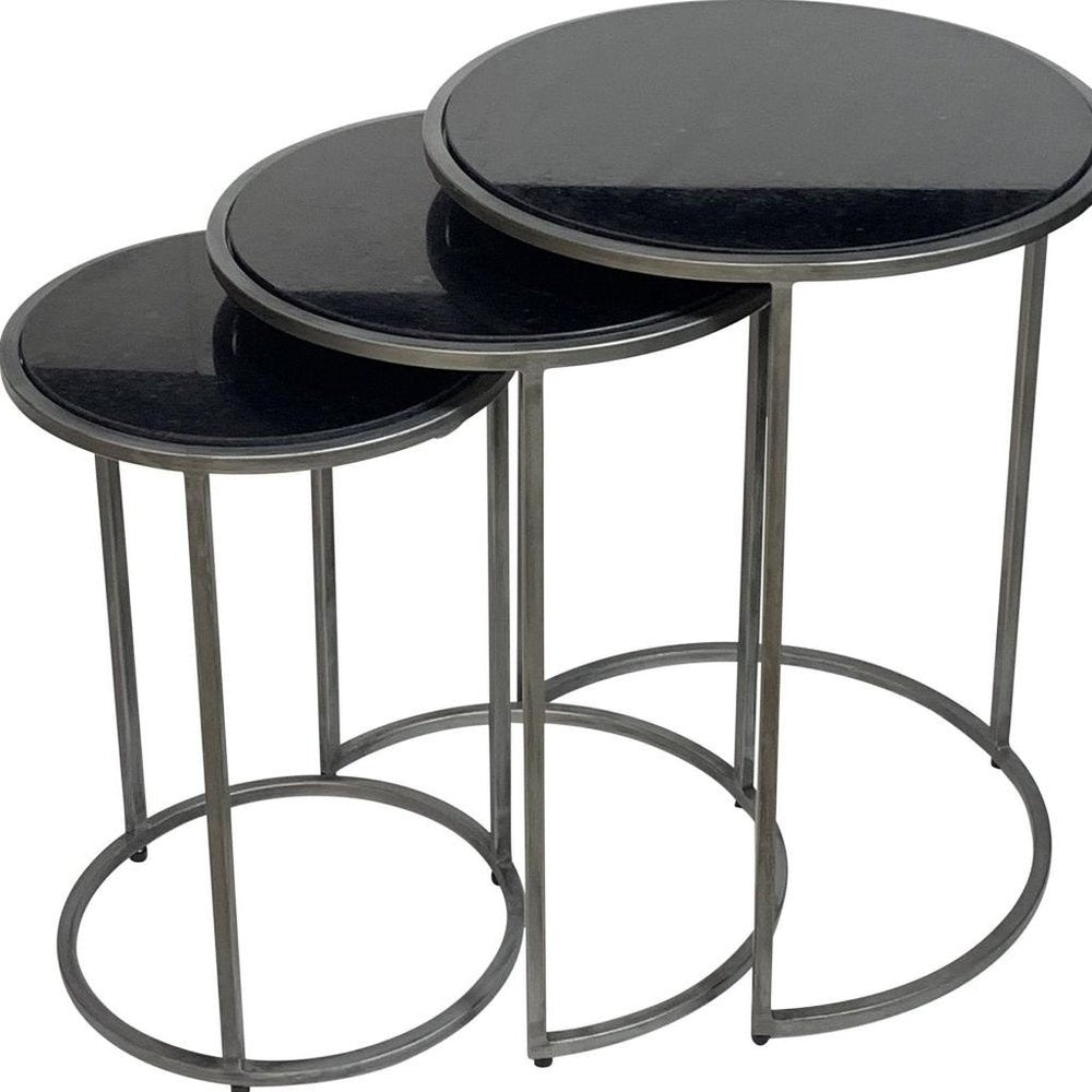 Set of Three Black and Gray Marble and Iron Round Frame Nested Tables HomeRoots