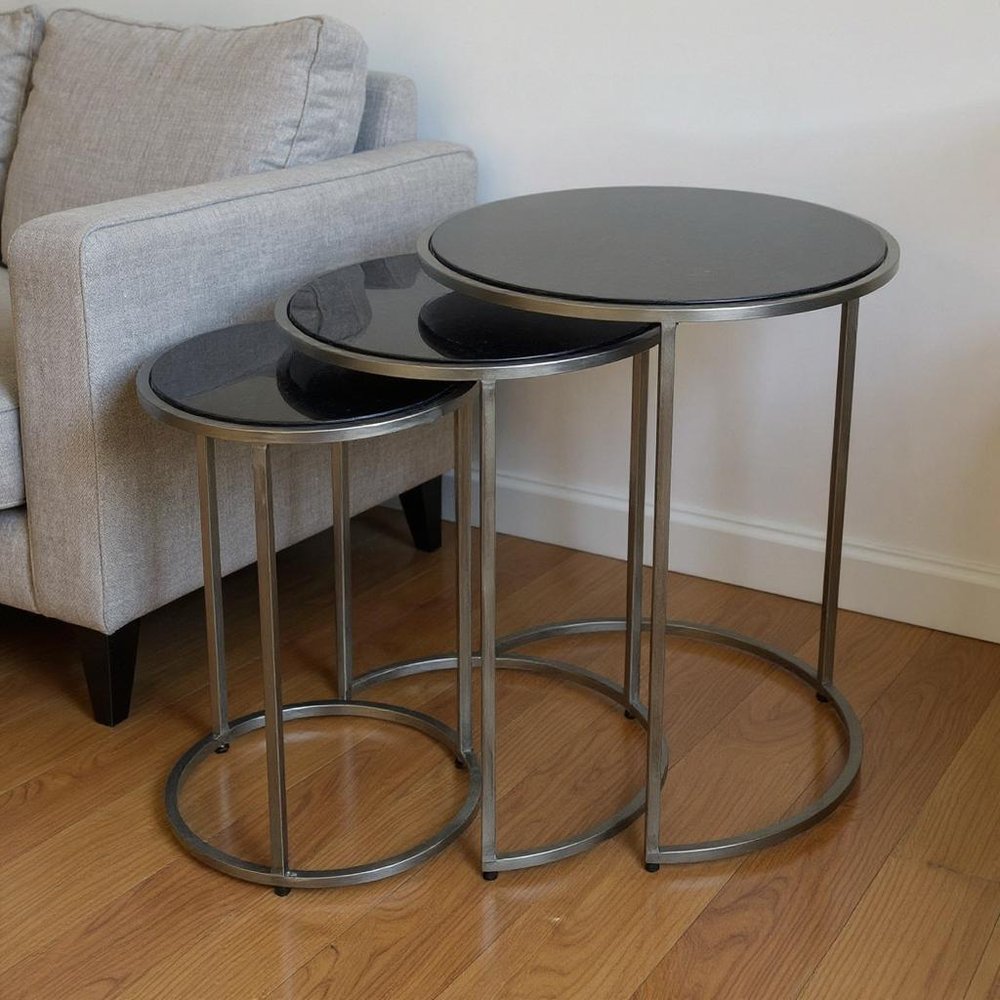 Set of Three Black and Gray Marble and Iron Round Frame Nested Tables HomeRoots