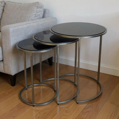 Set of Three Black and Gray Marble and Iron Round Frame Nested Tables HomeRoots
