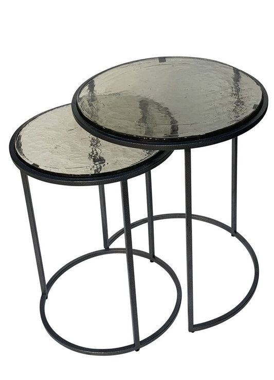 Set of Two Clear and Gunmetal Glass and Iron Round Frame Nested Tables HomeRoots