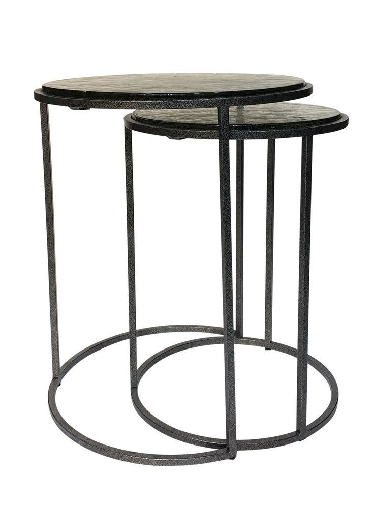 Set of Two Clear and Gunmetal Glass and Iron Round Frame Nested Tables HomeRoots