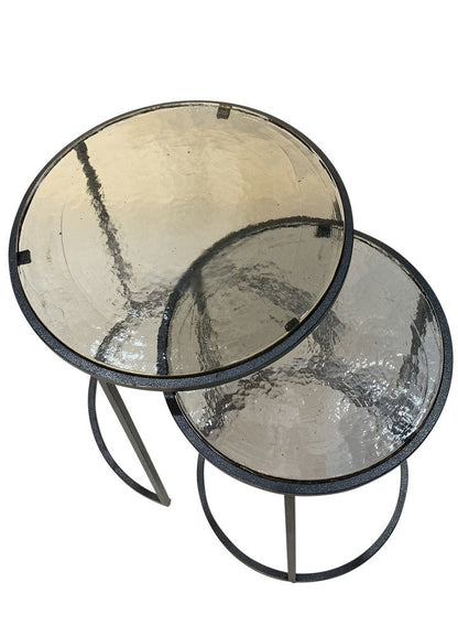 Set of Two Clear and Gunmetal Glass and Iron Round Frame Nested Tables HomeRoots