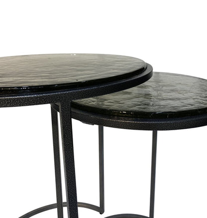 Set of Two Clear and Gunmetal Glass and Iron Round Frame Nested Tables HomeRoots