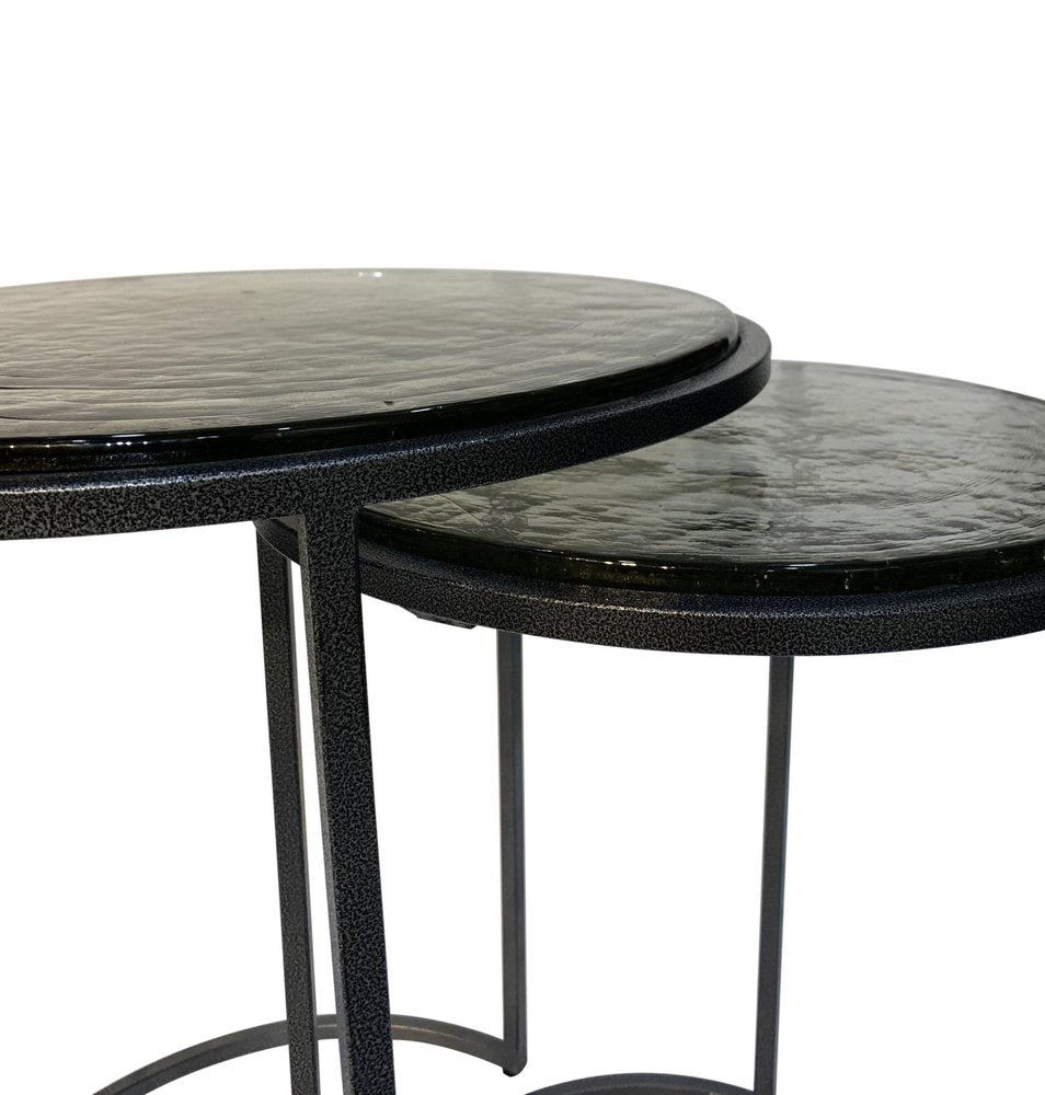 Set of Two Clear and Gunmetal Glass and Iron Round Frame Nested Tables — view 4