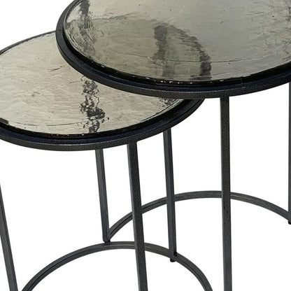 Set of Two Clear and Gunmetal Glass and Iron Round Frame Nested Tables HomeRoots