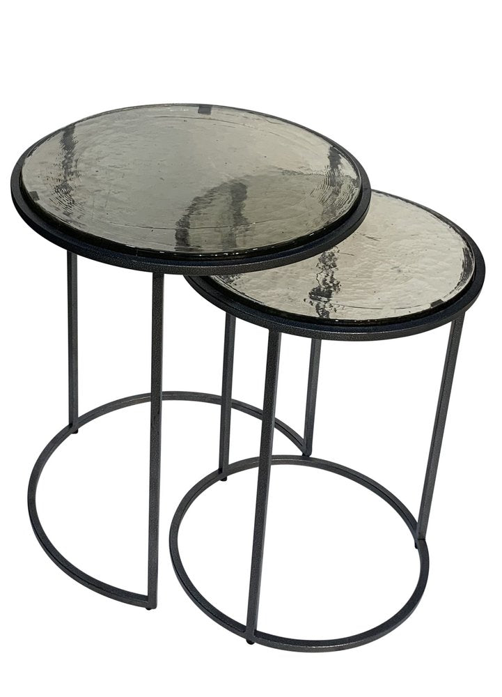 Set of Two Clear and Gunmetal Glass and Iron Round Frame Nested Tables HomeRoots