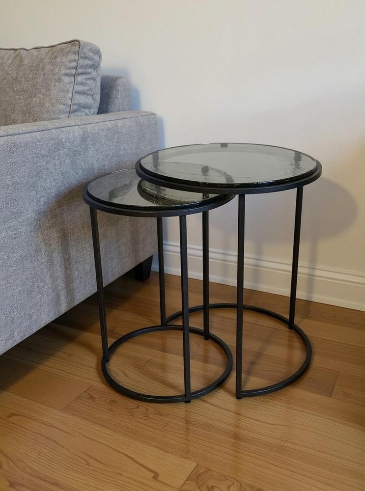 Set of Two Clear and Gunmetal Glass and Iron Round Frame Nested Tables — view 8