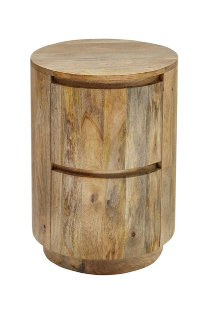 24" Natural Distressed Solid Wood Round Drum End Table With Two Drawers